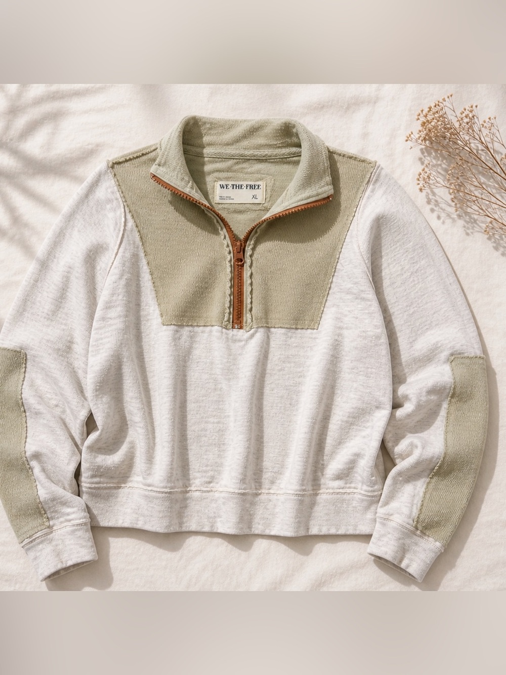 We The Free Frankie Funnel Quarter Zip Sweater Cotton XL Tan / Green